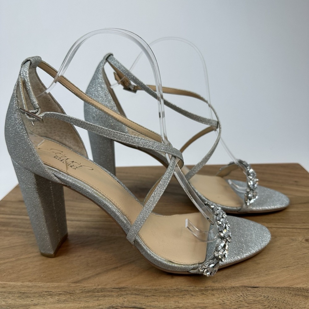 New Jewel Badgley Mishcka Daphne Silver‎ Glitter Formal Strappy Heels Size 10 M